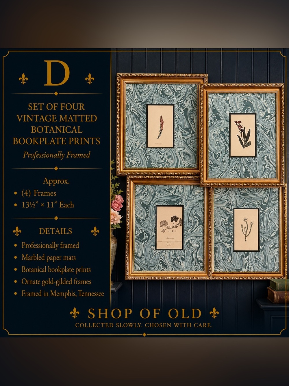 Set of Four Vintage Matted Botanical Bookplate Prints | Professionally Framed